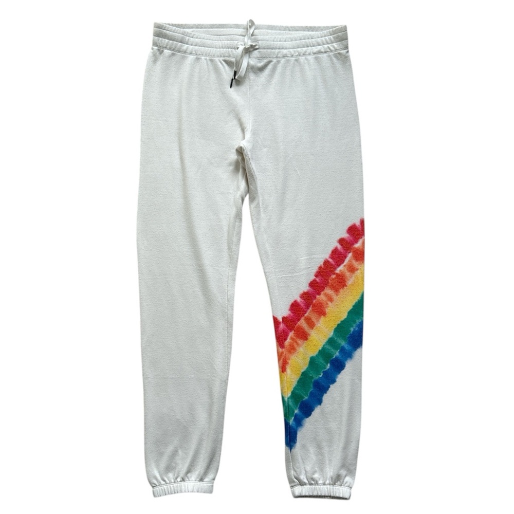 PJ Salvage White Track Joggers with Rainbow Stripes